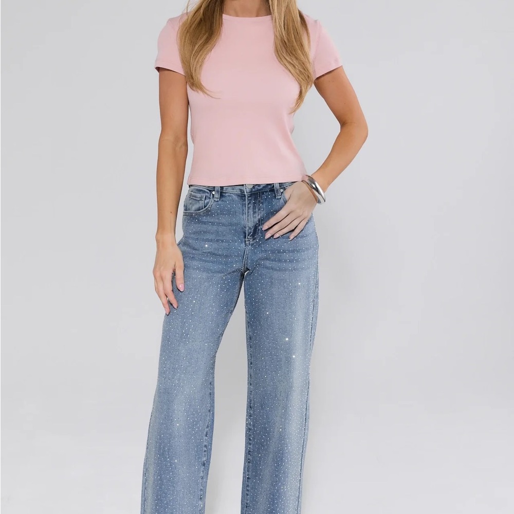AVARA Risen Carrie Rhinestone Embellished Light Blue Wide-Leg Jeans - Picture 4 of 8